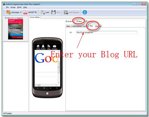 insert your blog url in the android magazine app