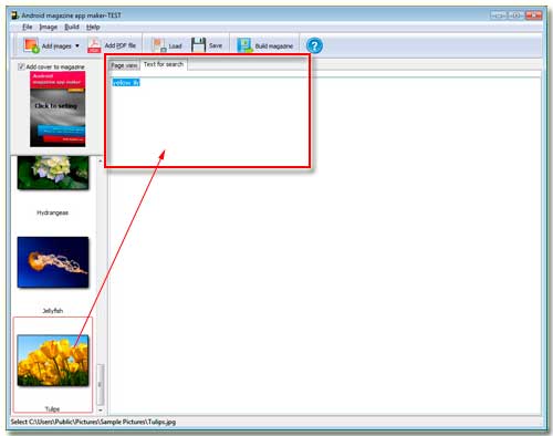 Android magazine app maker enters keywords for image text searching